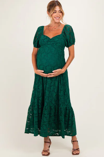 PinkBlush Hunter Green Lace Maternity Maxi Dress