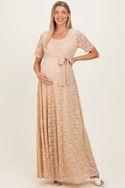 PinkBlush Mocha Lace Sash Tie Maternity Gown