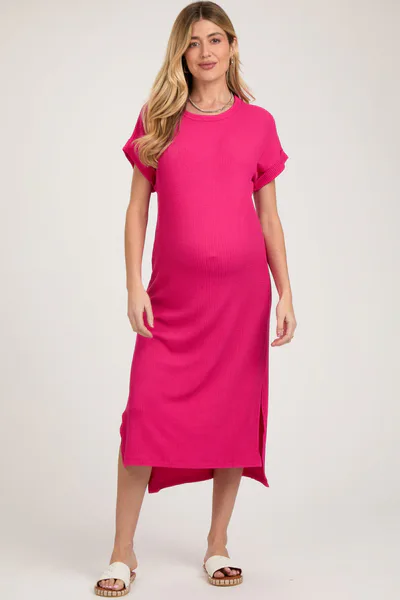 PinkBlush Fuchsia Ribbed Short Sleeve Maternity Midi Dress