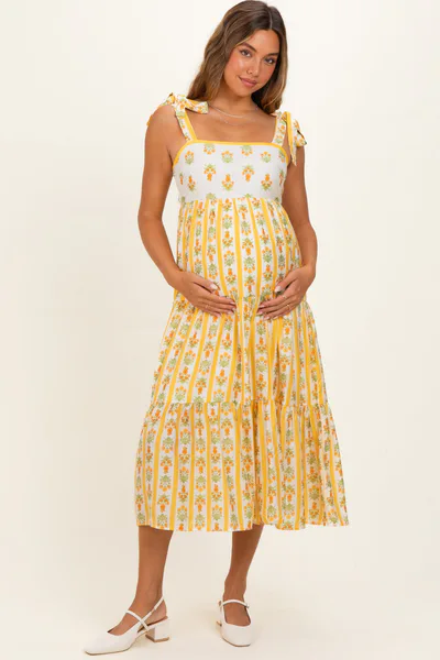 PinkBlush Yellow Striped Floral Shoulder Tie Maternity Midi Dress