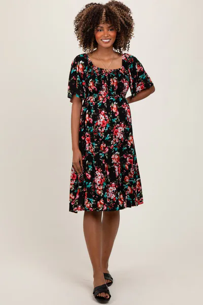 PinkBlush Black Floral Smocked Maternity Midi Dress