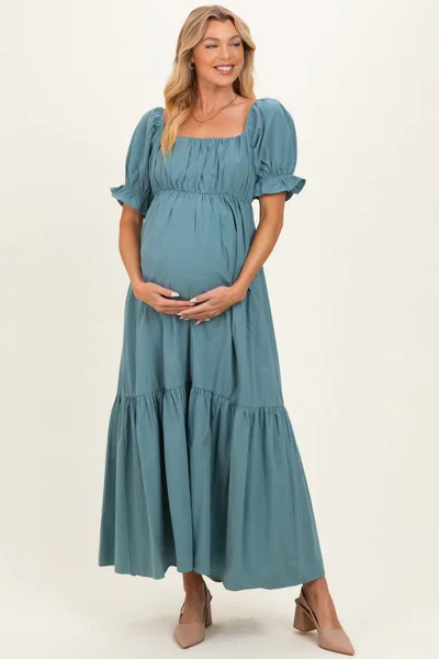PinkBlush Blue Open Back Ribbon Tie Maternity Maxi Dress