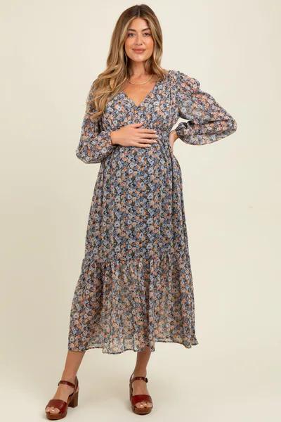 PinkBlush Blue Floral Smocked Waist Maternity Maxi Dress