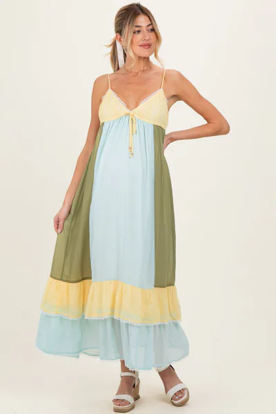 PinkBlush Light Blue Colorblock Tiered Ruffle Maternity Maxi Dress