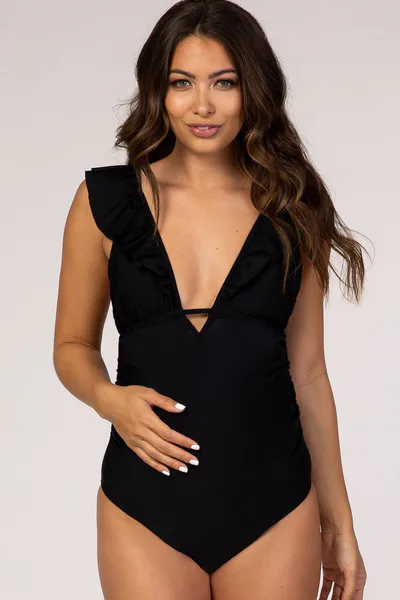 PinkBlush PinkBlush Black Ruffle Tie Maternity One-Piece Swimsuit