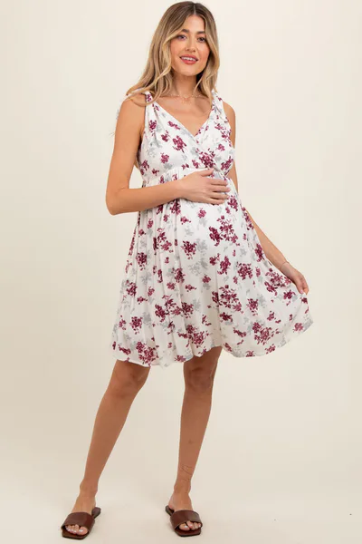 PinkBlush Ivory Mauve Floral Knotted Wrap V-Neck Maternity Dress