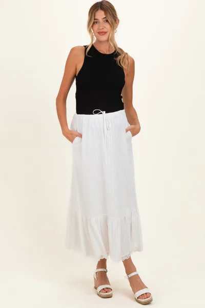 PinkBlush Ivory Striped Lace Trim Maternity Midi Skirt
