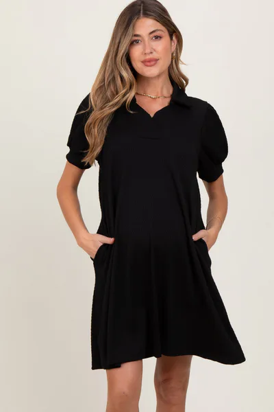 PinkBlush Black Textured Maternity Polo Dress