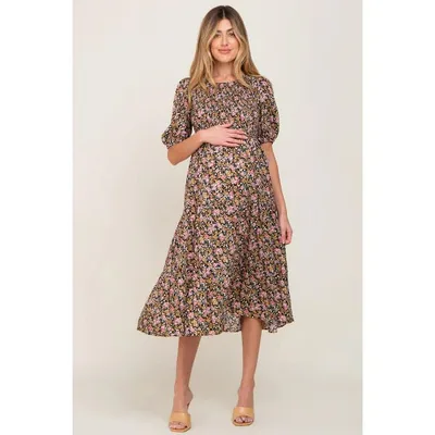 Target PinkBlush Multi-Color Floral Smocked Tiered Maternity Midi Dress Pink Small
