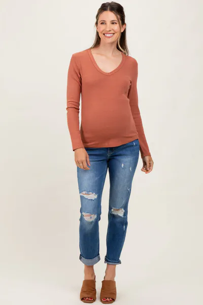 PinkBlush Blue High Rise Distressed Cuffed Boyfriend Maternity Jeans