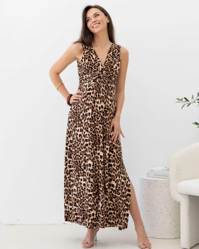 Angel Maternity Irene Maxi Knot Front Maternity Dress - Animal Print