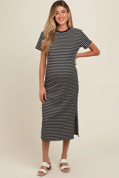 PinkBlush Black Striped Short Sleeve Maternity T-Shirt Midi Dress