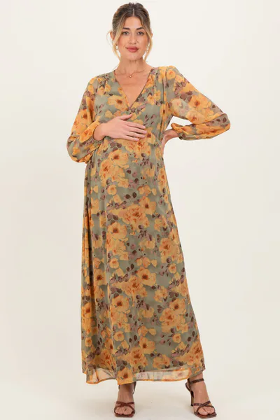 PinkBlush Light Olive Floral V-Neck Long Sleeve Maternity Midi Dress