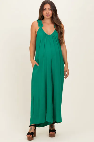 PinkBlush Green Ruffle Strap Maternity Wide Leg Jumpsuit