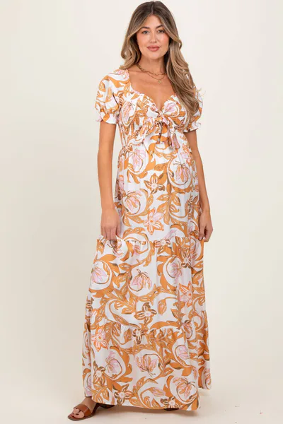 PinkBlush Taupe Floral Smocked Front Tie Maternity Maxi Dress