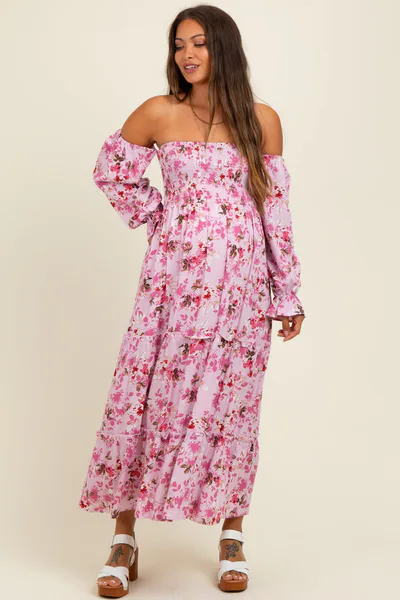 PinkBlush Light Pink Floral Off Shoulder Long Sleeve Maternity Maxi Dress