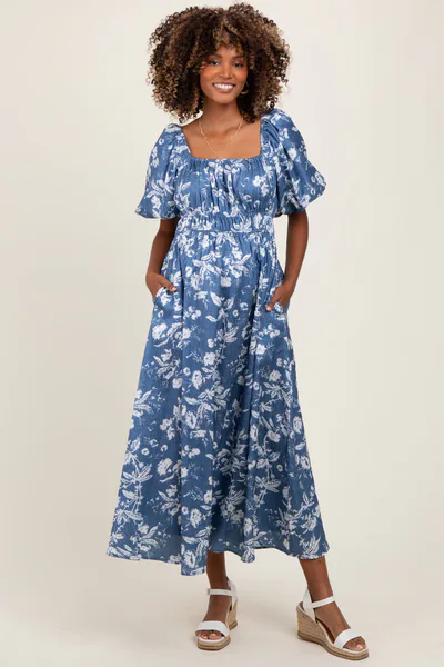PinkBlush Light Navy Floral Puff Sleeve Smocked Waist Maternity Midi Dress