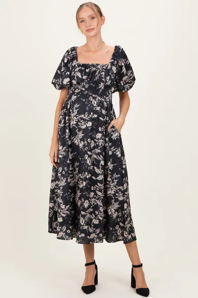 PinkBlush Black Floral Puff Sleeve Smocked Waist Maternity Midi Dress