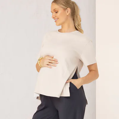 Angel Maternity Vera Essential Maternity/Nursing Cotton Tee in Stone White