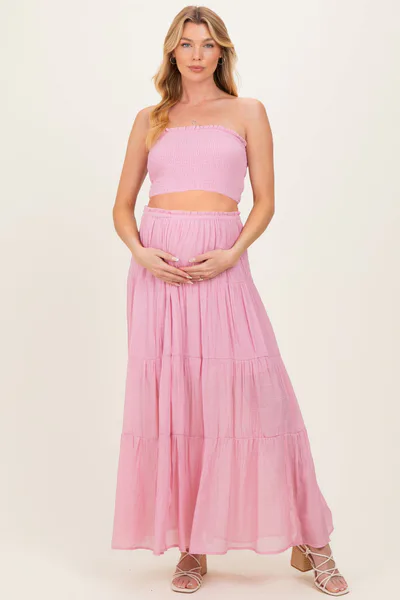 PinkBlush Light Pink Smocked Tube Top Tiered Skirt Maternity Set