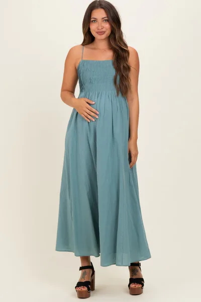 PinkBlush Teal Cotton Pintuck Tie Strap Maternity Maxi Dress