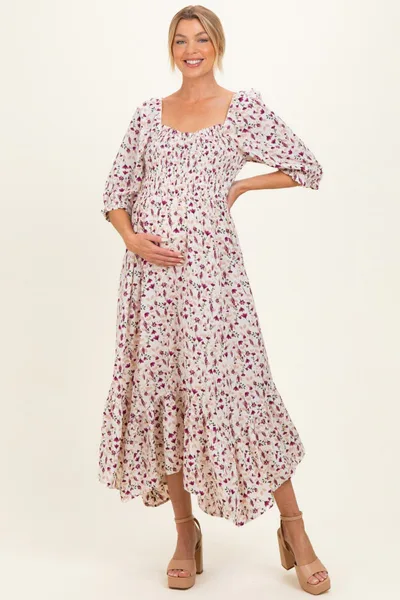 PinkBlush Cream Floral Smocked Handkerchief Hem Maternity Maxi Dress