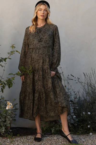 PinkBlush Olive Rose Floral Tiered Ruffle Maternity Midi Dress