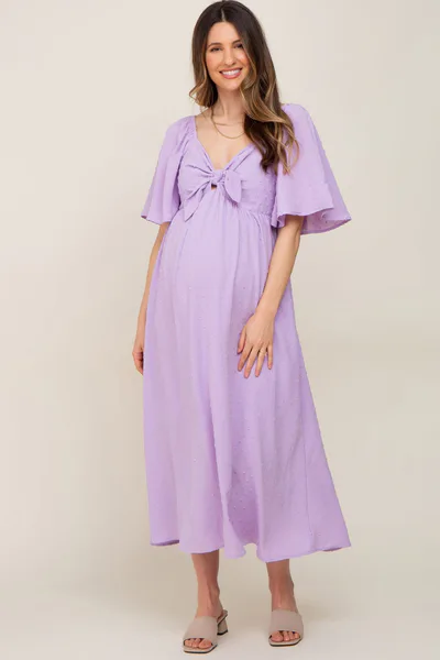 PinkBlush Lavender Textured Dot Front Tie Ruffle Sleeve Maternity Midi Dress