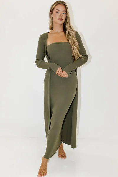 Worth Collective Lina Two Piece Dress Set in Dusty Olive - Bump Friendly