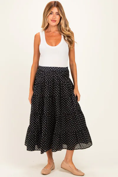 PinkBlush Black Polka Dot Tiered Maternity Maxi Skirt