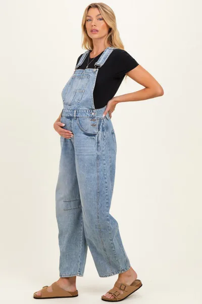 PinkBlush Light Wash Denim Barrel Maternity Overalls