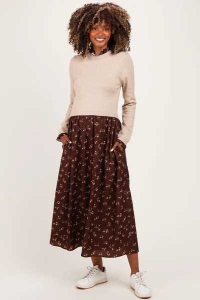 PinkBlush Mocha Floral Sweater Contrast Maternity Midi Dress