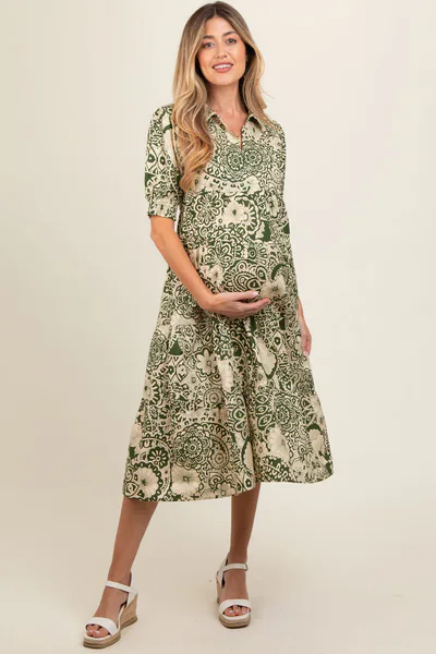 PinkBlush Olive Floral Collared Tiered Maternity Midi Dress