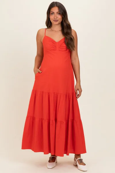 PinkBlush Tomato Red Tiered Maternity Maxi Dress