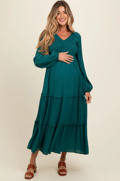 PinkBlush Emerald Smocked Tiered Maternity Midi Dress