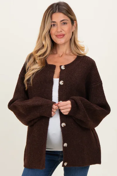 PinkBlush Brown Knit Oversized Maternity Button Cardigan