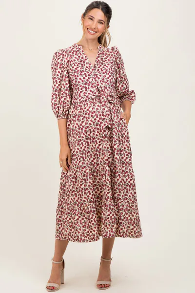 PinkBlush Cream Floral Button Down Front Tie Maternity Midi Dress