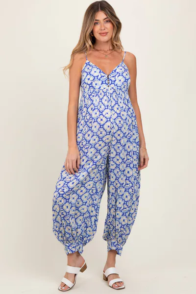 PinkBlush Royal Blue Printed Button Detail Maternity Jumpsuit