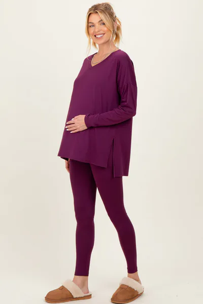 PinkBlush Plum Brushed Knit Maternity Oversized Top and Legging Set