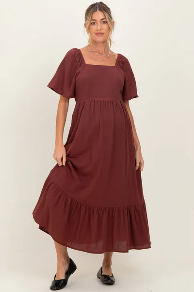 PinkBlush Burgundy Gingham Square Neck Ruffle Maternity Midi Dress