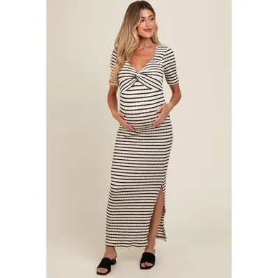 Target PinkBlush Ivory Black Striped Knit Short Sleeve Maternity Maxi Dress Ivory Small
