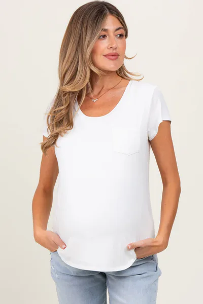 PinkBlush Ivory Round Neck Maternity Nursing Pocket T-Shirt
