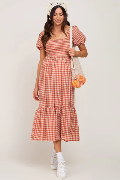 PinkBlush Rust Gingham Smocked Maternity Midi Dress