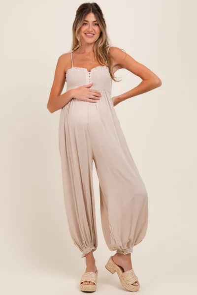 PinkBlush Beige Smocked Button Front Shoulder Tie Maternity Jumpsuit