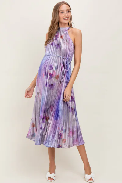 PinkBlush Lavender Floral Pleated Halter Maternity Midi Dress