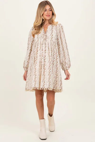 PinkBlush Brown Floral Pom Accent Hem Long Sleeve Maternity Dress