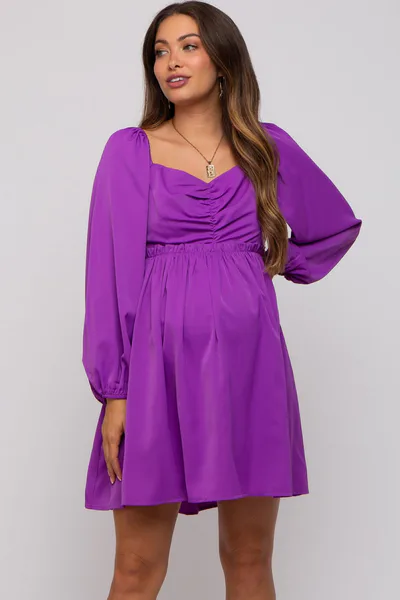 PinkBlush Purple Gathered Waist Long Sleeve Maternity Dress