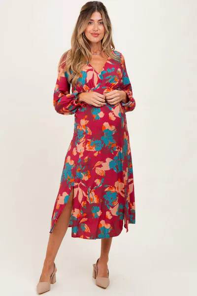 PinkBlush Burgundy Floral V-Neck Long Sleeve Maternity Dress
