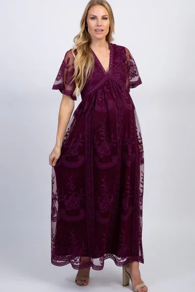 PinkBlush PinkBlush Deep Burgundy Lace Mesh Overlay Maternity Maxi Dress
