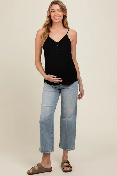 PinkBlush Light Blue Distressed Maternity Wide Leg Ankle Crop Jeans